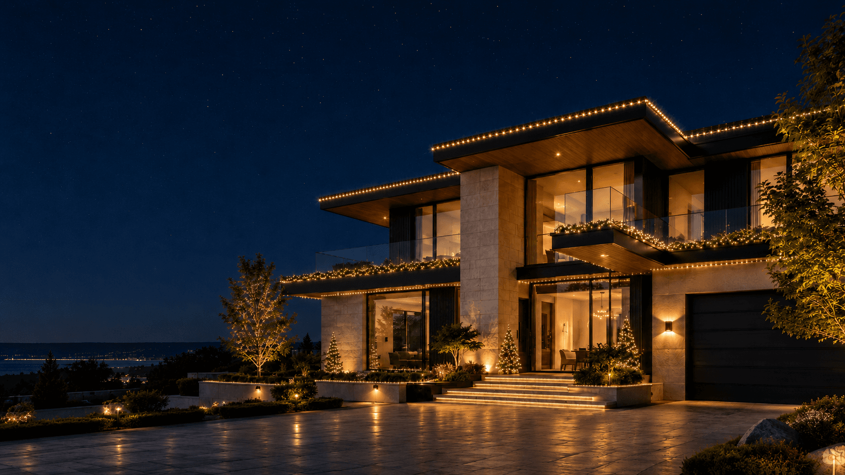 A home glowing with a full holiday lighting design at night