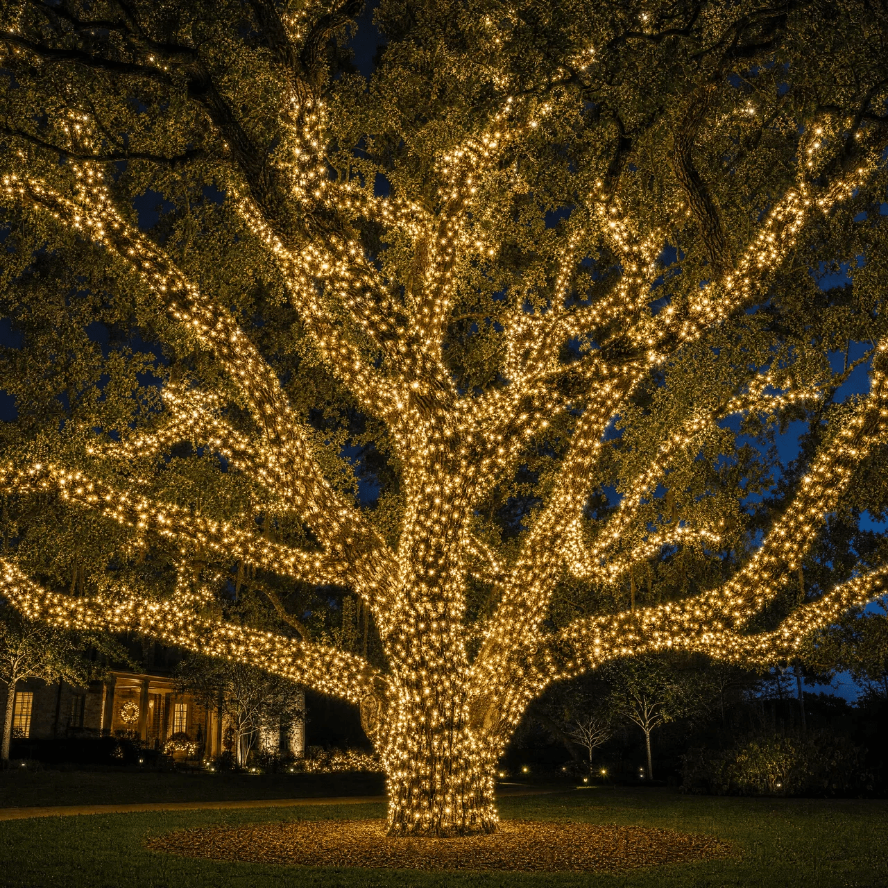 Trees wrapped in holiday lights