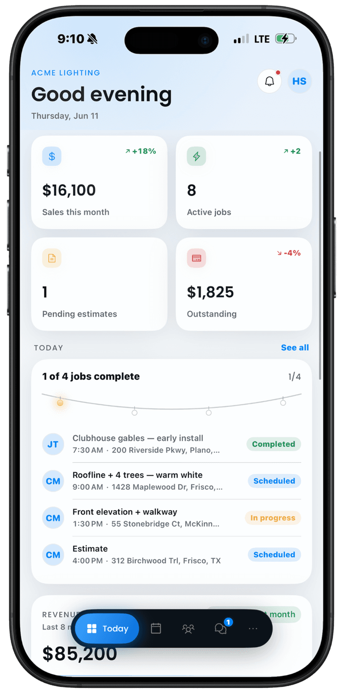 The LightMaster mobile app showing today's jobs, sales, estimates, and outstanding balance